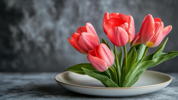 Fresco rosado tulipanes arreglado hermosamente en un blanco plato en contra un oscuro antecedentes foto