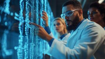 Scientists collaborating on data analysis in a high-tech research laboratory during evening hours photo