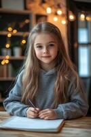 Young girl coloring at a cozy table in a bright, inviting indoor space photo