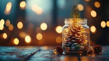 Cozy winter scene with a decorated pine cone in a jar illuminated by warm lights photo