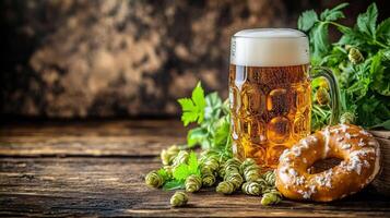 Warm ambiance with two frosty mugs of beer and a pretzel on a rustic wooden table photo