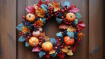 Autumn wreath with pumpkins and berries adorning a wooden door in a festive display photo