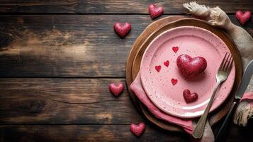 Pink heart-shaped dessert on a rustic plate with fork and knife photo