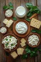 Fresh dairy products displayed in wooden bowls on a rustic wooden table photo
