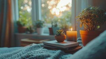 Cozy autumn atmosphere with candles, books, and succulents near a window photo