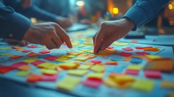 Team collaboration in a creative workspace during a brainstorming session with sticky notes photo