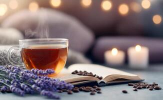 Cup of tea and lavender flowers on a grey background photo