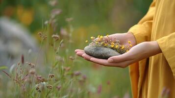 A person holding a rock with flowers in the grass photo