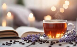 A cup of tea and lavender flowers on a wooden table with candles photo