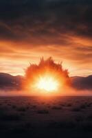 Dramatic volcanic eruption creating a massive ash cloud over a barren landscape at dusk photo