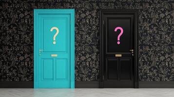 Two mysterious doors in a stylish interior with ornate wallpaper and intriguing question marks photo