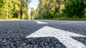 A close-up view of a wet road and white directional arrow surrounded by vibrant greenery photo