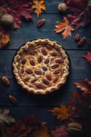 Delicious pecan pie surrounded by autumn leaves and nuts on a rustic wooden table photo