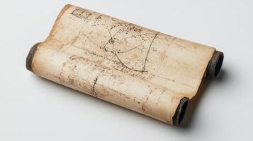 Ancient map rolled up on wooden rods showcasing detailed geographical features and markings photo