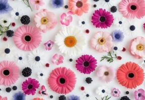 Colorful arrangement of various flowers laid out on a white background for decorative purposes photo