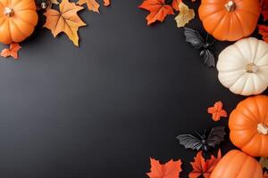 Decorative display of black, white, and orange pumpkins on a vibrant orange background for Halloween photo