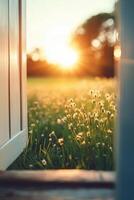 A serene open door framed by wildflowers at sunset in a tranquil meadow setting photo