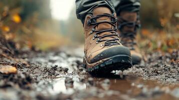 Hiker navigating a muddy trail during a rainy day in a forested area photo