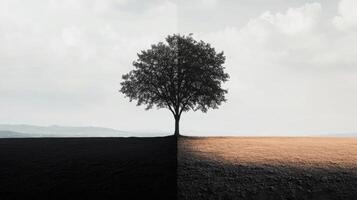 A tree stands at the boundary of contrasting light and darkness in a serene landscape photo