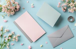 Elegant wedding preparation with flowers, rings, and stationery on a wooden background photo