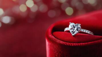Elegant heart-shaped diamond ring displayed in a luxurious red velvet box for a romantic proposal photo