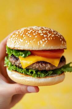 Delicious cheeseburger held up against a bright yellow backdrop in a casual dining setting photo