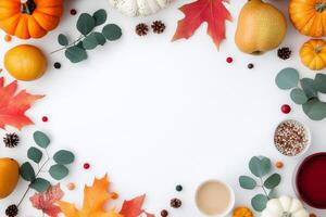 Autumn harvest arrangement with pumpkins, gourds, and fall leaves on a white background photo