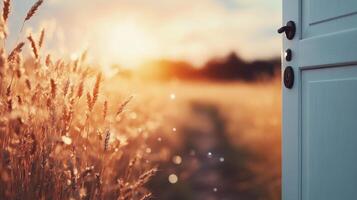 A golden sunset over a wheat field seen through an open door on a warm summer evening photo