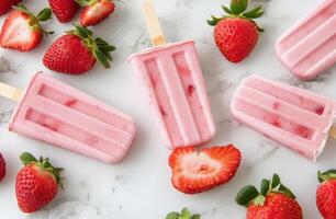 Delicious homemade strawberry popsicles with fresh strawberries arranged on a marble surface photo