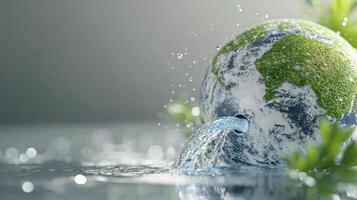 A small globe with greenery and water flowing, symbolizing environmental conservation efforts photo