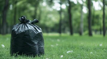 A black garbage bag placed on green grass in a serene forest setting during daytime photo