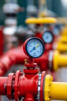 Detailed view of pressure gauge on yellow pipelines in a modern industrial facility photo