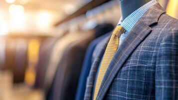 Tailored suits displayed elegantly in a clothing store showcasing various styles and colors photo