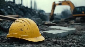 Construction site in urban area with yellow hard hat resting on the ground amidst machinery photo