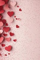 Colorful paper hearts scattered on a soft pink background for a festive celebration photo