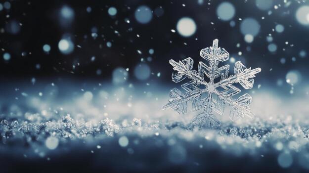 Beautiful snowflake resting on glittering frost under a serene winter sky at night photo