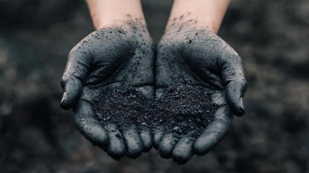 A worker examines black soil while standing in a wet environment during rainy weather photo