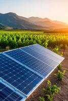 Solar panels installed in vineyard under sunset mountains in a rural landscape photo
