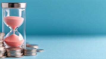 Time management with an hourglass alongside a stack of coins on a blue background photo