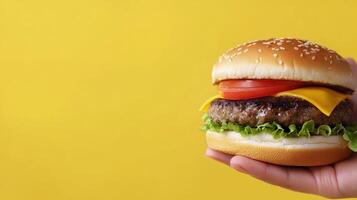 Delicious cheeseburger with fresh ingredients held against a yellow background photo