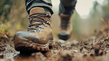 Hiker navigating a muddy trail during a rainy day in a forested area photo