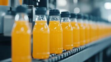 Bottles of orange juice moving along a production line in a busy factory during daylight hours photo