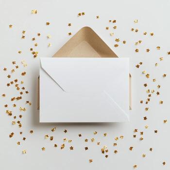 A festive white envelope surrounded by gold confetti on a bright background photo