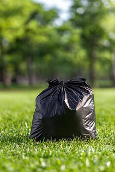 Black trash bag placed on lush green grass in a serene park during daytime photo