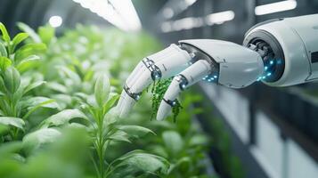 Robot hand gently tending to green plants in a high-tech greenhouse during daylight hours photo