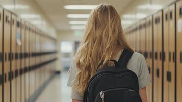A student walks down a school hallway with lockers during the school day in bright lighting photo