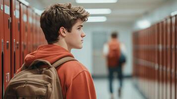 A high school student walks through a corridor lined with lockers during the school day photo