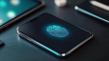 Close-up view of a smartphone displaying a blue fingerprint authentication graphic at night photo