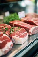 Freshly cut ribeye steaks displayed on a butcher's counter in a market during the day photo