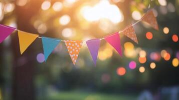 Colorful string of festival bunting decorations in a sunlit outdoor setting during the afternoon photo